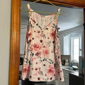 Floral Pink and White Sleeveless Top with Gold Rings